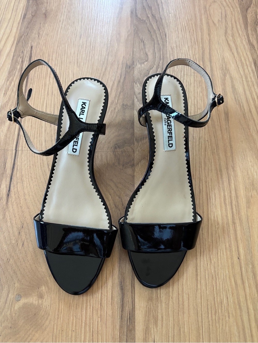 Karl Lagerfeld Black Patent Leather Open-Toe Ankle-Strap Heels